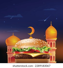 Eid Mubarak and Ramadan creative concept design. Restaurant posters, restaurant branding, Burger food and social media post.