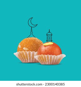 Eid Mubarak and Ramadan creative concept design. Indian Sweet Motichoor laddoo and Gulab jamun with a crescent moon on top. restaurant or sweet shop branding and social media post.