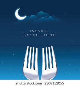  Eid Mubarak und Ramadan Mubarak kreatives Konzept, eine Gabel vor dem Mond. Restaurant-Plakate, Restaurant-Branding und Social Media-Post.