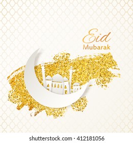 Eid Mubarak. Ramadan greetings background. Paper mosque on golden glitter background. Vector illustration