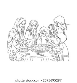 Eid Mubarak, Ramadan, Eid, An illustration of of a middle eastern happy family having a Ramadan iftar with with lanterns decoration and Ramadan mood.