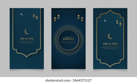 Eid Mubarak and Ramadan Islamic Realistic Social Media Stories Collection Template with Islamic Pattern Brush Borders