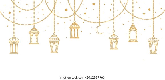 Eid Mubarak or ramadan kareem arabian lamp lanterns. Islamic vintage kerosene lights, muslim ramadan karem old lanterns linear vector background with Middle East antique gas lamps hanging on chains