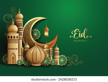 Eid mubarak and Ramadan Kareem art greetings with red mosque and green background. abstract vector illustration design.