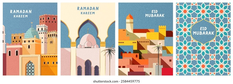 Eid mubarak. Ramadan kareem. Art background with oriental architecture, mosque, pattern, arches, houses, for decor, poster, cover, invitation, flyer, interior, social media, banner, congratulations.