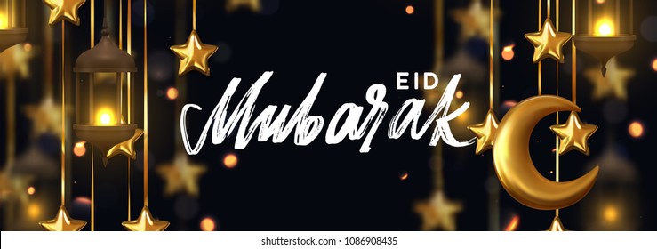 Eid Mubarak. Ramadan kareem. Background design is arabian vintage decorative hanging lamp with bokeh. Decoration light lantern, gold stars on ribbon golden crescent moon. Hand lettering white color