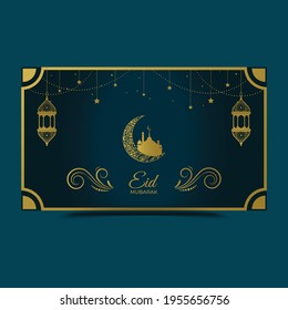 Eid Mubarak. Ramadan kareem. Background design is arabian vintage decorative hanging lamp with bokeh. Decoration light lantern, gold stars on ribbon golden crescent moon.