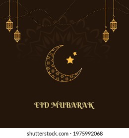 Eid Mubarak. Ramadan kareem. Background design is arabian vintage decorative hanging lamp with bokeh. Decoration light lantern, gold stars on ribbon golden crescent moon.