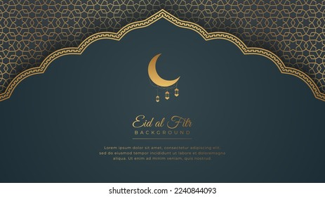 Eid Mubarak Ramadan Kareem Background in Islamic Arabic Style with Arabesque Golden Ornament Pattern and Border Frame