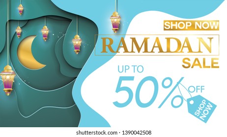 Eid Mubarak or ramadan kareem banner sale background and template. Copy space for discount tag or content promo product - Vector