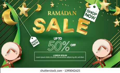 Eid Mubarak or ramadan kareem banner sale background and template. Copy space for discount tag or content promo product - Vector