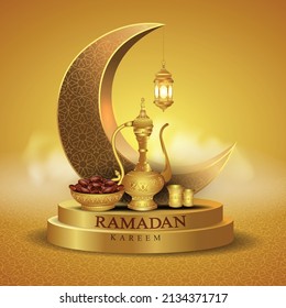 Eid Mubarak and Ramadan Kareem beautiful greetings. golden lamp hanging in crescent golden background .vector illustration design	