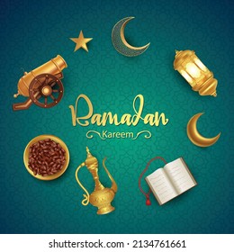 Eid Mubarak and Ramadan Kareem beautiful greetings. golden lamp hanging in crescent golden background .vector illustration design