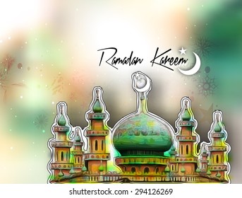 Eid Mubarak ( Ramadan Kareem ) concept with illustration of mosque.