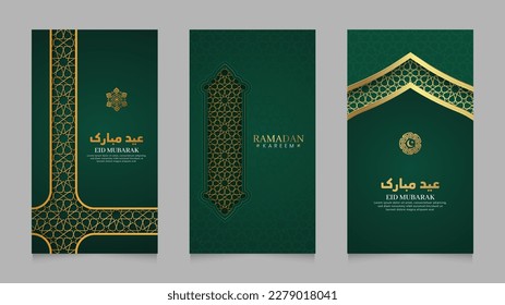 Eid Mubarak and Ramadan Kareem Green Islamic Realistic Social Media Stories Collection Template