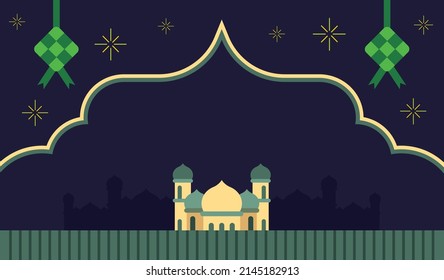 Eid Mubarak Ramadan Kareem greeting card  with flat design mosque graphic and islamic festival decorative elements