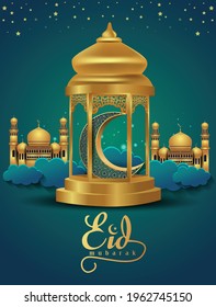 Eid Mubarak and Ramadan Kareem greetings. golden lantern and green halfmoon green background .vector illustration design	