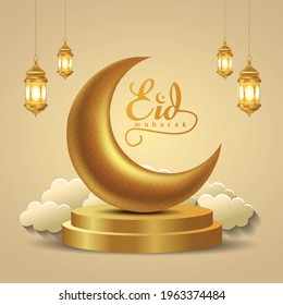 Eid Mubarak and Ramadan Kareem greetings. golden lantern hanging and half moon golden background .vector illustration design	