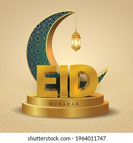 Eid Mubarak and Ramadan Kareem greetings. golden lantern hanging in crescent golden background .vector illustration design	