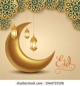 Eid Mubarak and Ramadan Kareem greetings. golden lantern hanging and half moon golden background .vector illustration design	