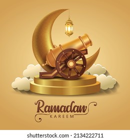 Eid Mubarak and Ramadan Kareem greetings. golden lantern hanging and half moon with golden archery background .vector illustration design	