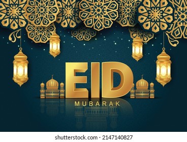 Eid Mubarak and Ramadan Kareem greetings. golden letter with green background .vector illustration design