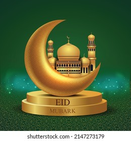 Eid Mubarak and Ramadan Kareem greetings. golden crescent green background .vector illustration design	
