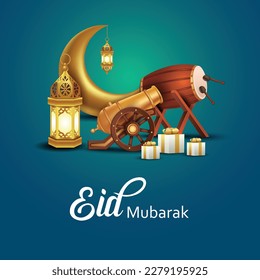 Eid Mubarak and Ramadan Kareem greetings. golden lantern hanging and half moon golden background .vector illustration design	