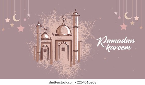 Eid Mubarak or Ramadan Kareem Hand Drawn creative design illustration. Hand Drawn Sketch of Islamic Mosque. Mosque Hand Drawing Ramadan Mubarak colorful banner design.