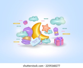 Eid mubarak and Ramadan kareem holiday with cresent, star, cloud, falling lanterns and 3d style vector illustration, for background, poster and festive banner or for all your ideas