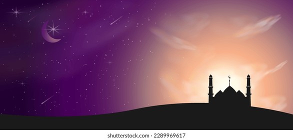 Eid Mubarak Ramadan Kareem landscape traditional Islamic banner template background. Realistic night desert landscape with starry sky, crescent clouds and silhouette of mosque. Muslim holiday concept