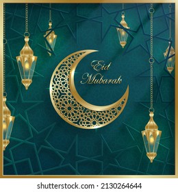 Eid Mubarak o Ramadan Kareem sobre el concepto de diseño islámico con luna creciente en el fondo de color para tarjeta de saludo, evento o afiche (traducción: Eid Mubarak)