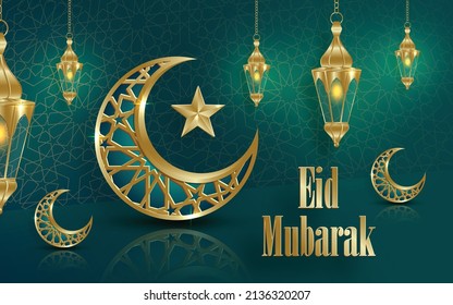 Eid Mubarak or Ramadan Kareem on Islamic design concept with crescent moon on color background for greeting card, event or poster (translation : Eid Mubarak)