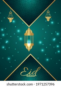Eid mubarak or ramadan kareem party flyer with realistic islamic lantern and moon