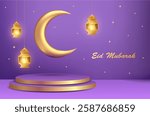 Eid Mubarak and Ramadan Kareem vector background with golden crescent moon, stars, lanterns, and podium platform on a purple color. Banner template design with place for text in 3D illustration style
