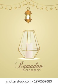 Eid mubarak or ramadan kareem vector illustration with golden lantern on flat background