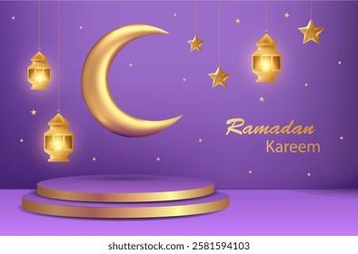 Eid Mubarak and Ramadan Kareem vector background with golden crescent moon, stars, lanterns, and podium platform on a purple color. Banner template design with place for text in 3D illustration style