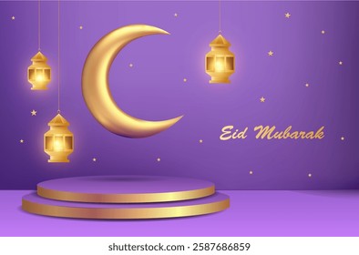 Eid Mubarak and Ramadan Kareem vector background with golden crescent moon, stars, lanterns, and podium platform on a purple color. Banner template design with place for text in 3D illustration style