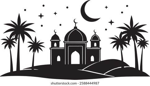 Eid Mubarak and Ramadan night scene with a mosque and crescent moon in minimalist style.