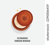 Eid Mubarak, Ramadan Mubarak. Rice Kheer Indian Sweet Payesh, Semiya payasam (Mithai) in a top view brown mud pot, clay pot. The shape of the moon is made by opening the lid of Semiya Patil. Vector.