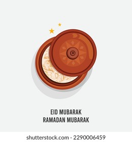 Eid Mubarak, Ramadan Mubarak. Rice Kheer Indian Sweet Payesh, Semiya payasam (Mithai) in a top view brown mud pot, clay pot. The shape of the moon is made by opening the lid of Semiya Patil. Vector.