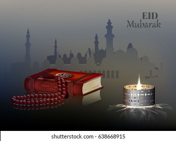 Eid Mubarak and Ramadan theme background with a burning lamp and a rosary. Vector illustration.