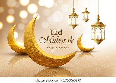 Eid mubarak, realistic crescent moon wish greeting poster, illustration vector
 