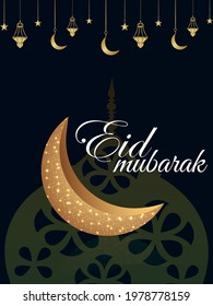 Eid mubarak realistic with golden moon and lantern