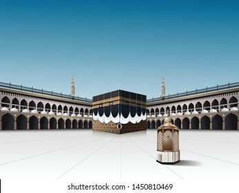 Eid Mubarak In Realistic Kaaba And Maqam Ibrahim Or Station Of Prophet Ibrahim In Al-Haram Mosque Mecca Saudi Arabia, Vector Illustration For Ramadan Kareem And Hajj Pilgrimage