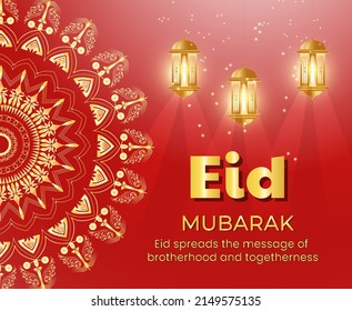 Eid Mubarak red background design with shiny golden lanterns and mandala. Can be used on social media, web or as a poster, gift cover, banner and flyer.