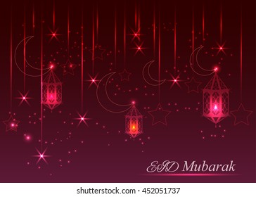 Eid mubarak  red greeting background. Muslim present card.Crescent moon,stars and shiny arabic lanterns on festive shiny background.vector illustration