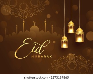 eid mubarak religious background with mosque and fanoos vector 