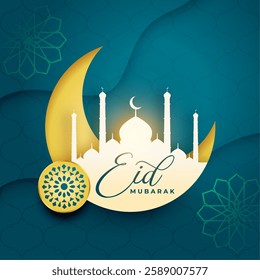 eid mubarak religious event background with papercut mosque vector