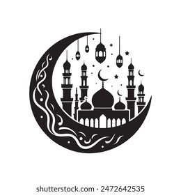 Eid Mubarak, religious Islamic vector silhouettes, logo, icon with crescent moon design 